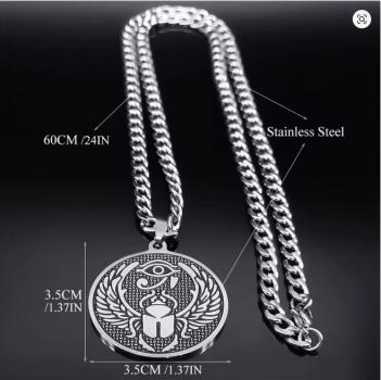 Halskette mit Horusauge und Skarabäus-Mistkäfer-Amulett für Damen und Herren, Edelstahl, ägyptischer Anhänger, runder Schmuck